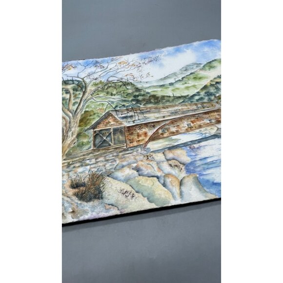 2 sided Watercolor Painting Flowers Vase Scenic Covered Bridge Landscape READ - Picture 10 of 11